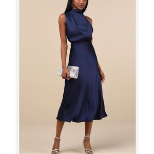 Lulu's Navy High-Neck Satin Midi Dress